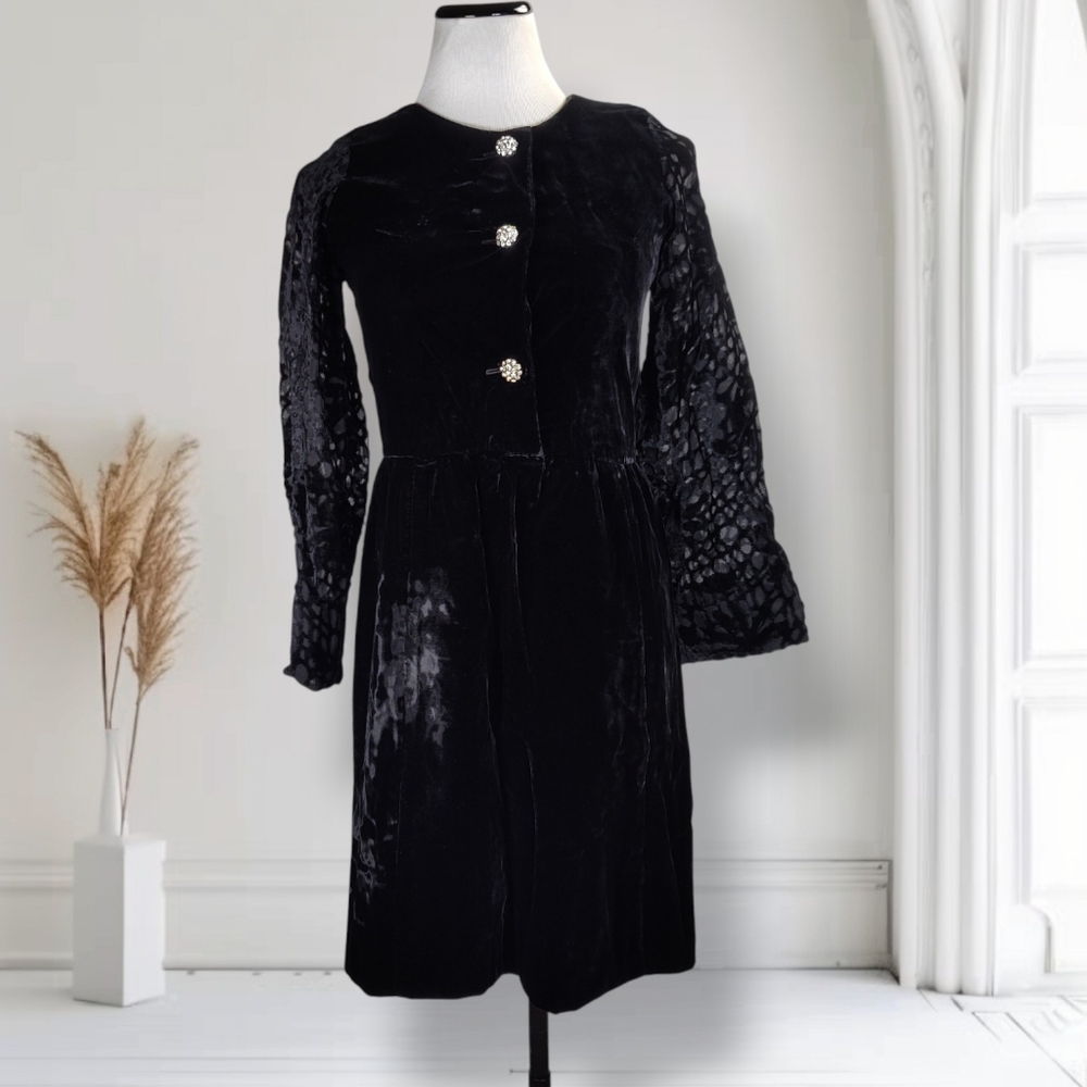 Vintage 60s Mod Velvet Mini Dress Black Burnout Bell Sleeves Union Made S